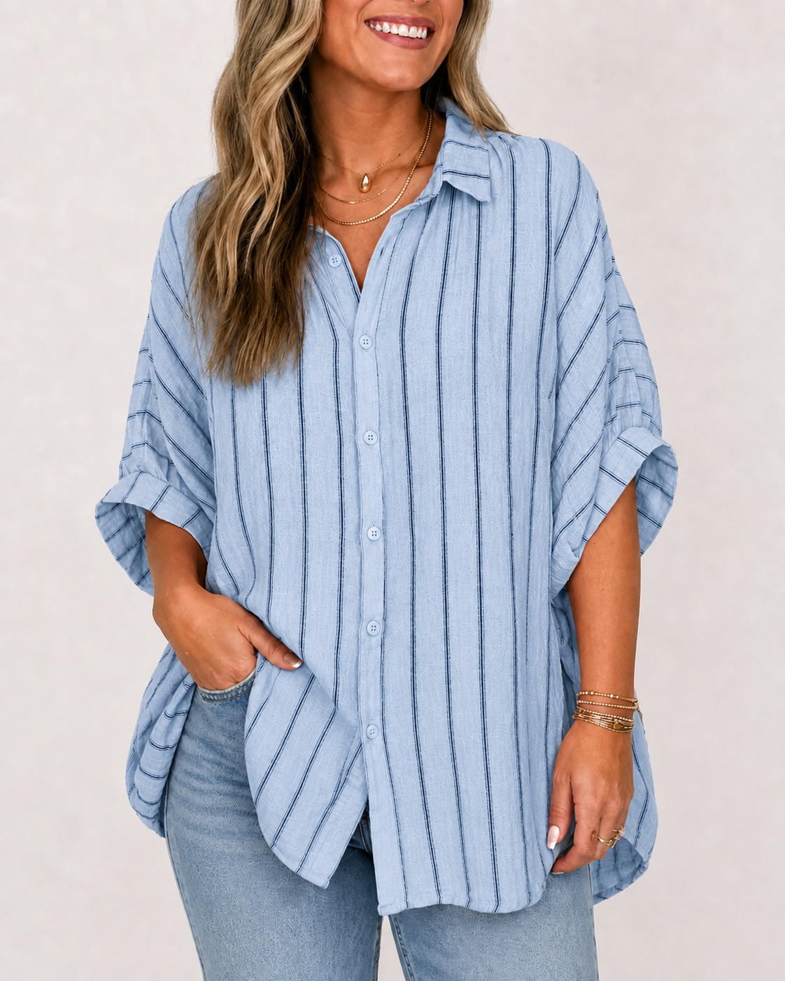 🔥Limited Deal 8-Pack Women's Cotton Linen Stripe Button-Front Tunic Blouses🔥