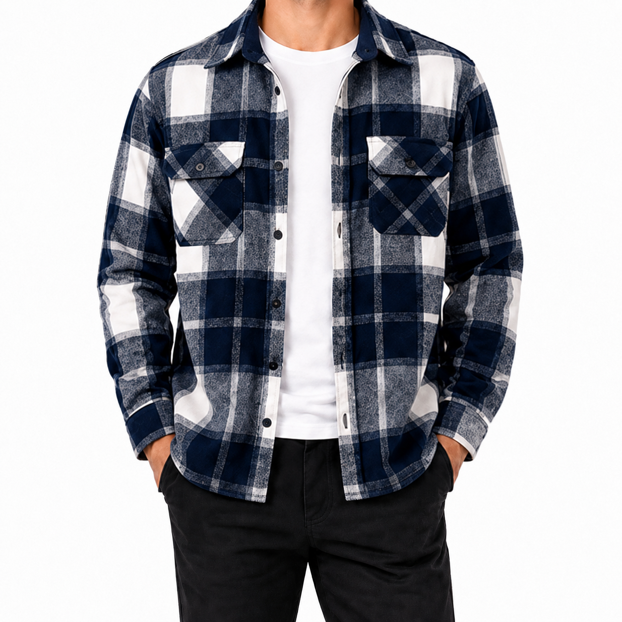 Navy and gray plaid flannel shirt front view