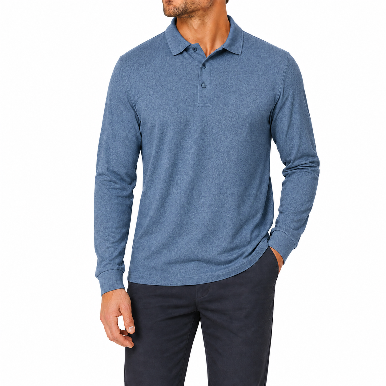 Denim blue textured long sleeve polo shirt front view