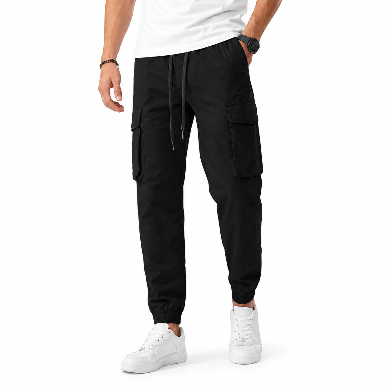 Black men's cargo jogger pants front view