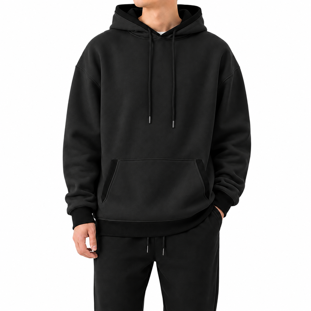 Jet Black pullover hoodie with black contrast trim, front view