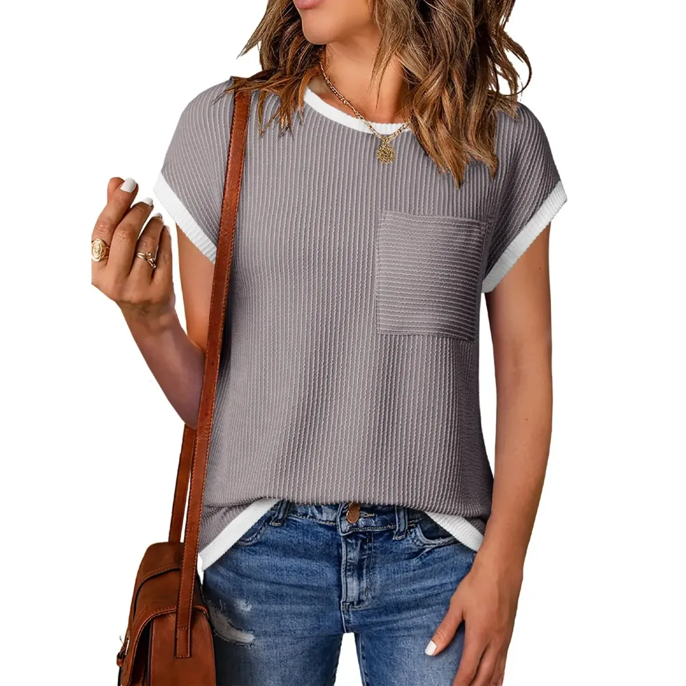 Women's Crewneck Short Sleeve Color Block Ribbed Knitwear Slim Fitted Blouses Tops