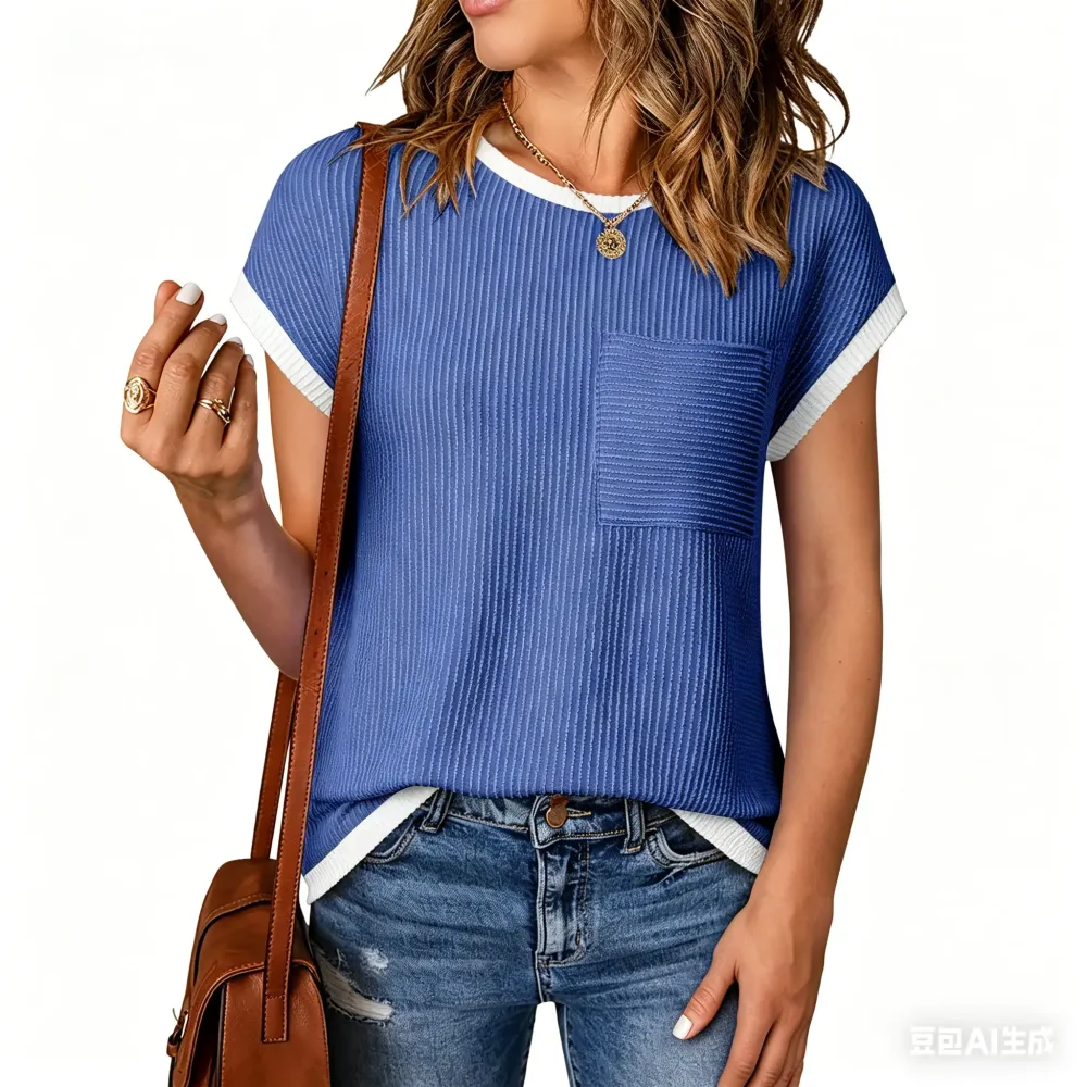 Women's Crewneck Short Sleeve Color Block Ribbed Knitwear Slim Fitted Blouses Tops
