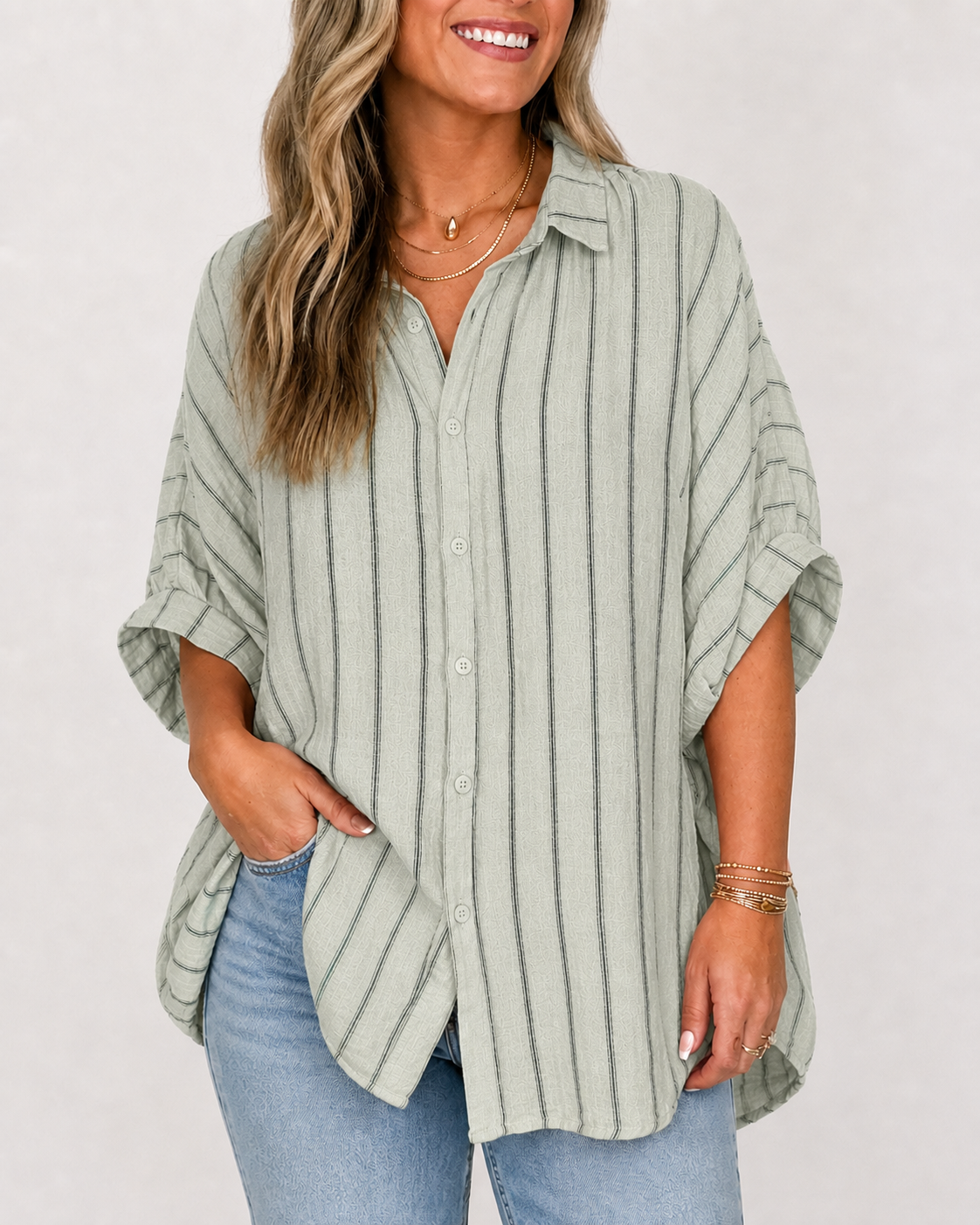 🔥Limited Deal 8-Pack Women's Cotton Linen Stripe Button-Front Tunic Blouses🔥