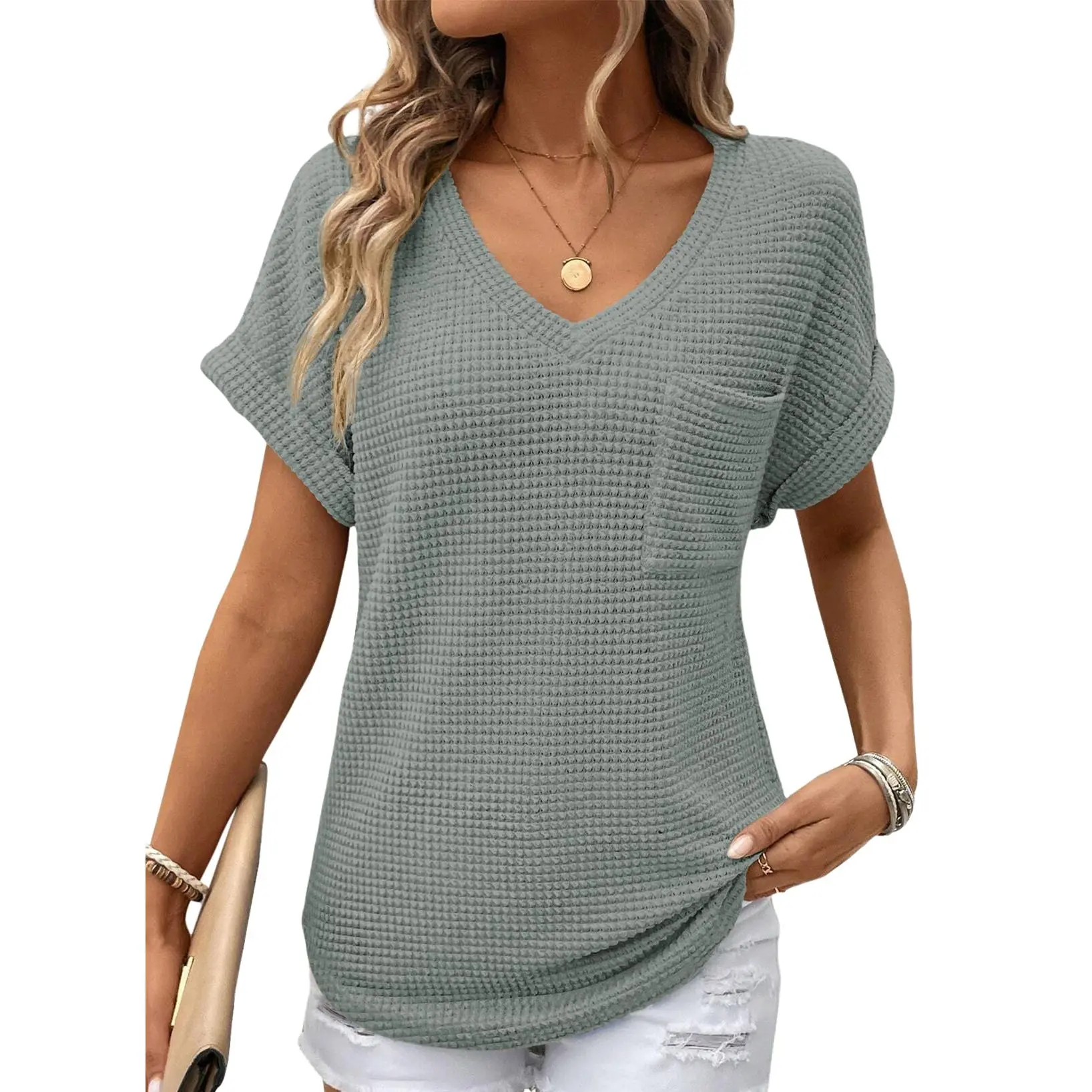 Women's Waffle Knit V-Neck Casual Summer Tops - Lightweight & Breathable Basic Tee for Beach, Party, Work
