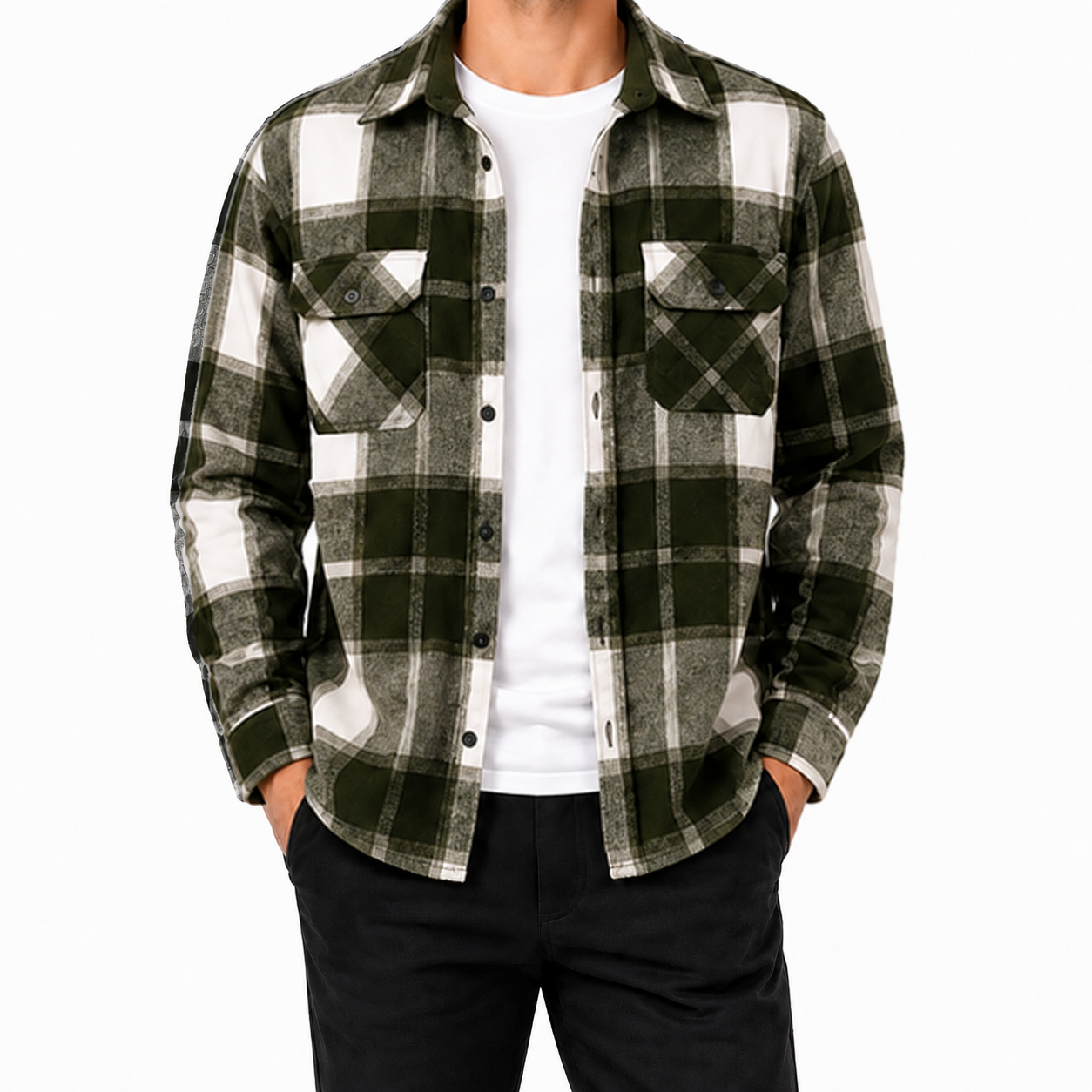 Olive and gray plaid flannel shirt front view