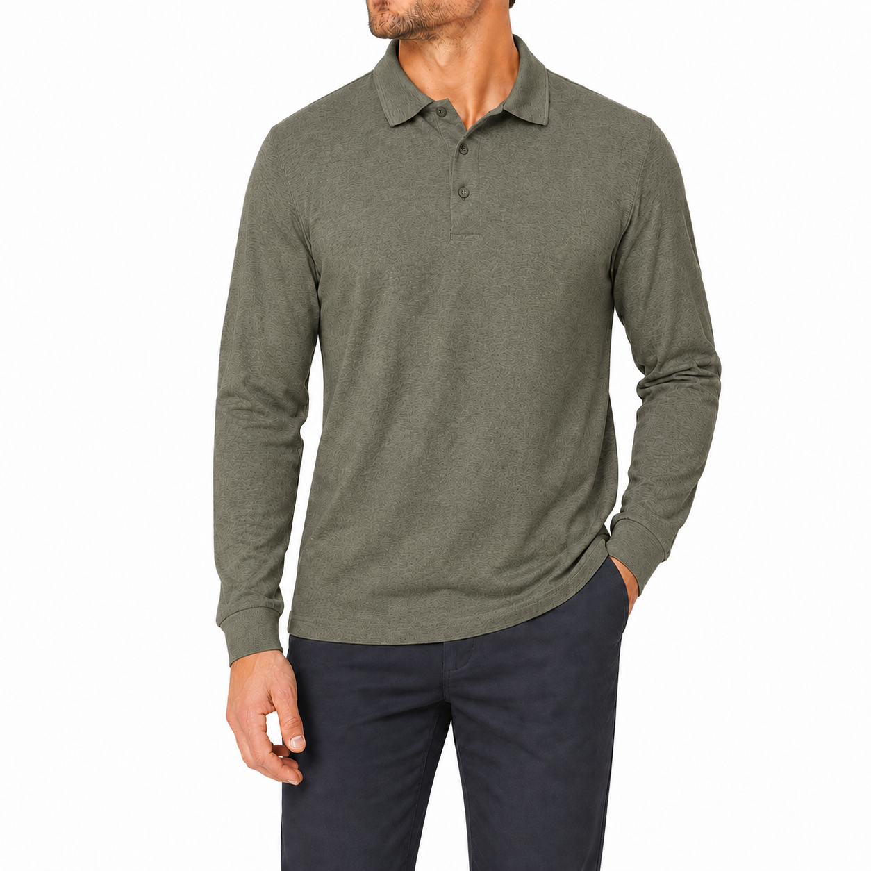 Olive green textured long sleeve polo shirt front view