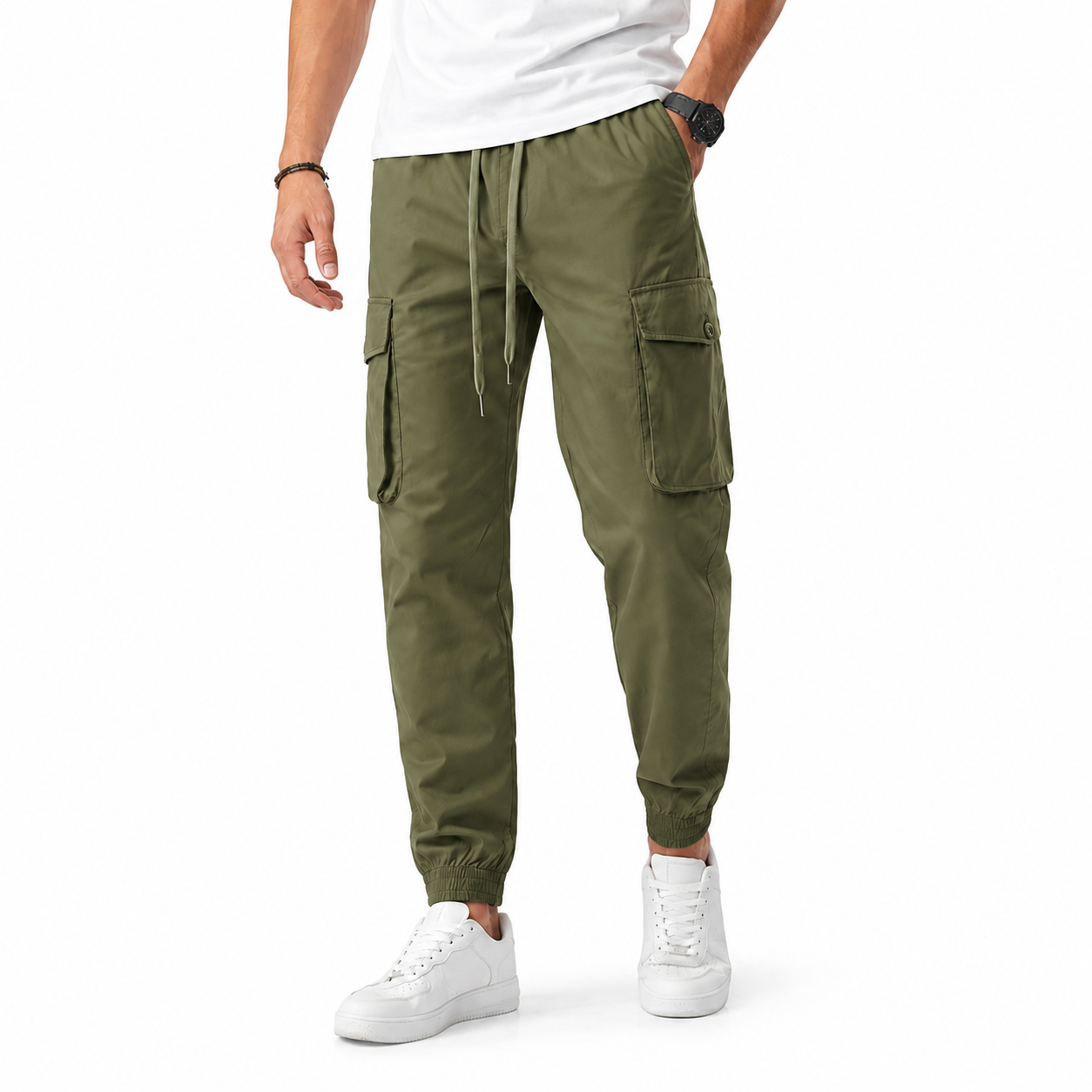 Olive drab men's cargo jogger pants front view