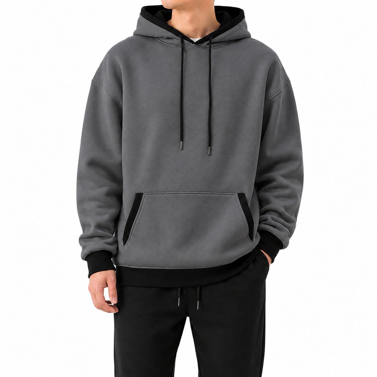 Charcoal Gray pullover hoodie with black contrast trim, front view