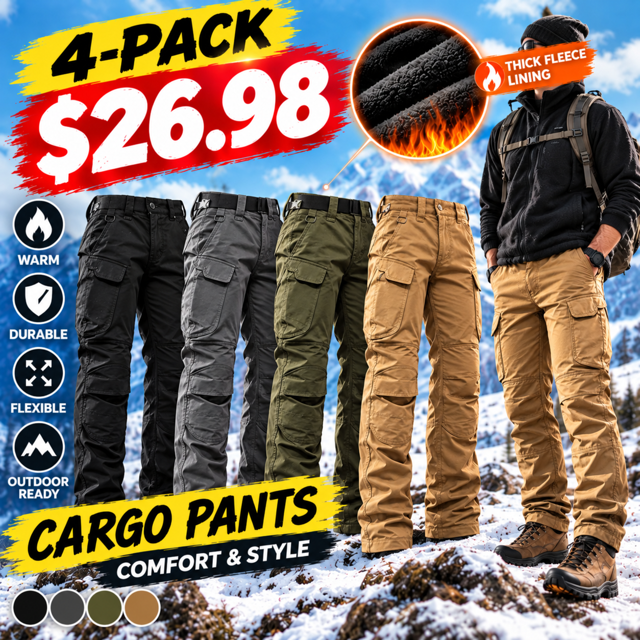 Men's Fleece-Lined Winter Cargo Pants