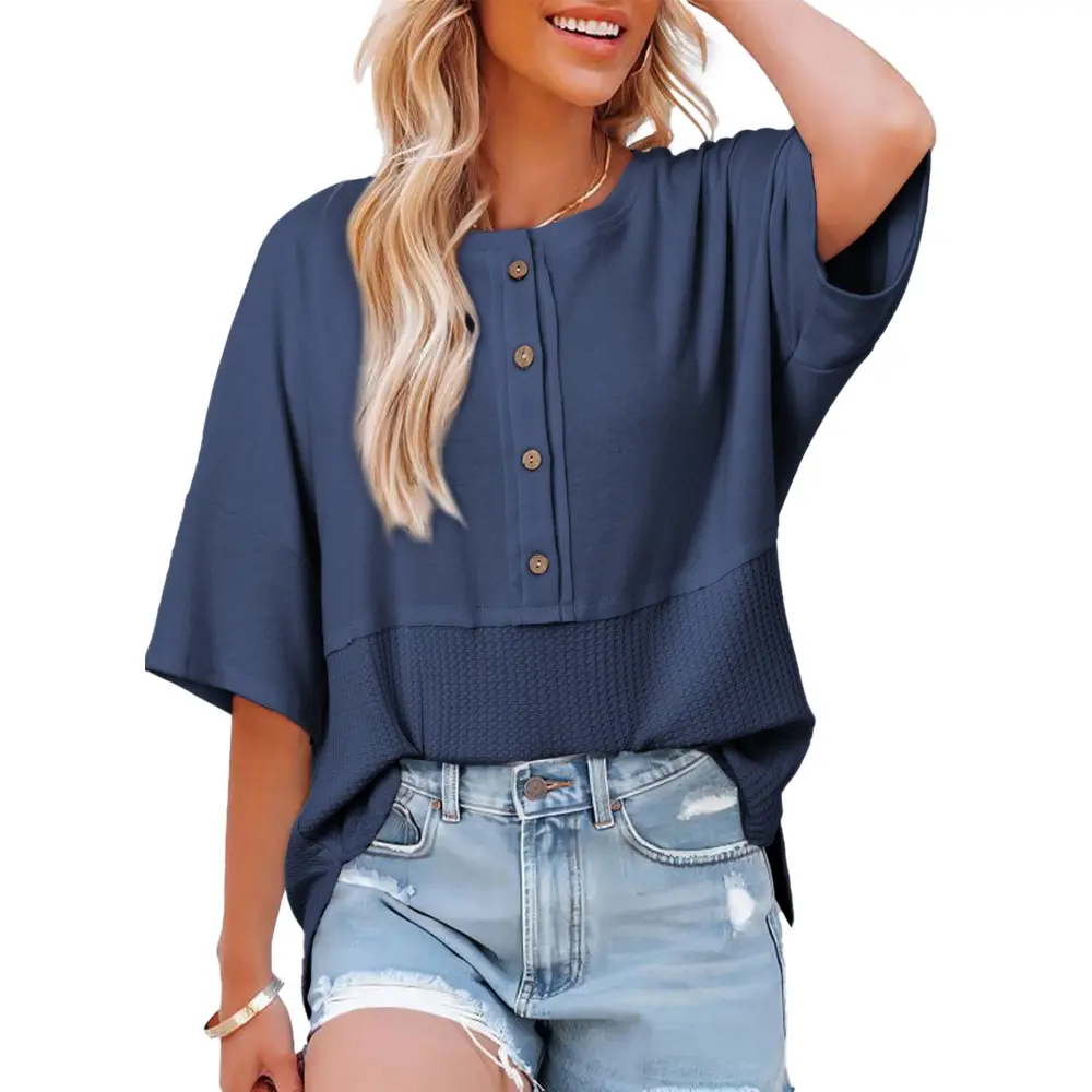 Womens Waffle Knit Tops 3/4 Sleeve Casual Button Down Shirts Crew Neck Oversized Patchwork Blouses
