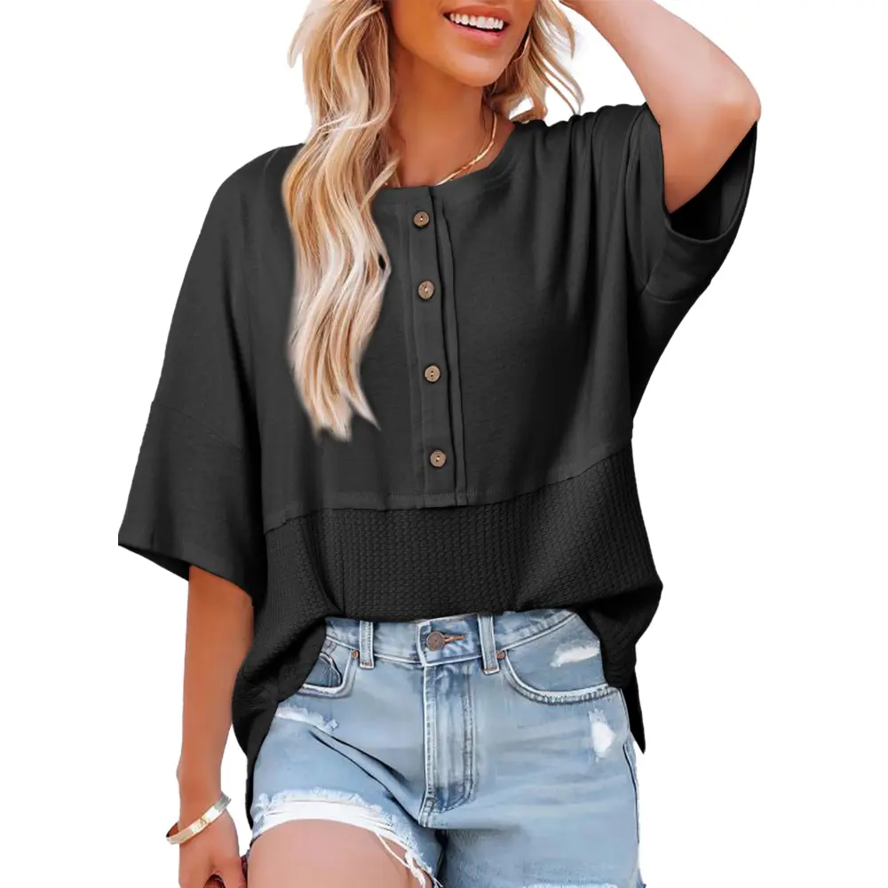 Womens Waffle Knit Tops 3/4 Sleeve Casual Button Down Shirts Crew Neck Oversized Patchwork Blouses