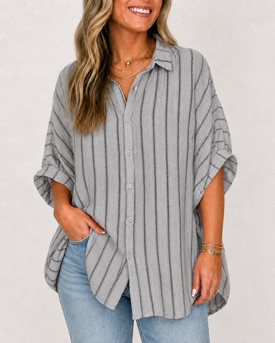 🔥Limited Deal 8-Pack Women's Cotton Linen Stripe Button-Front Tunic Blouses🔥