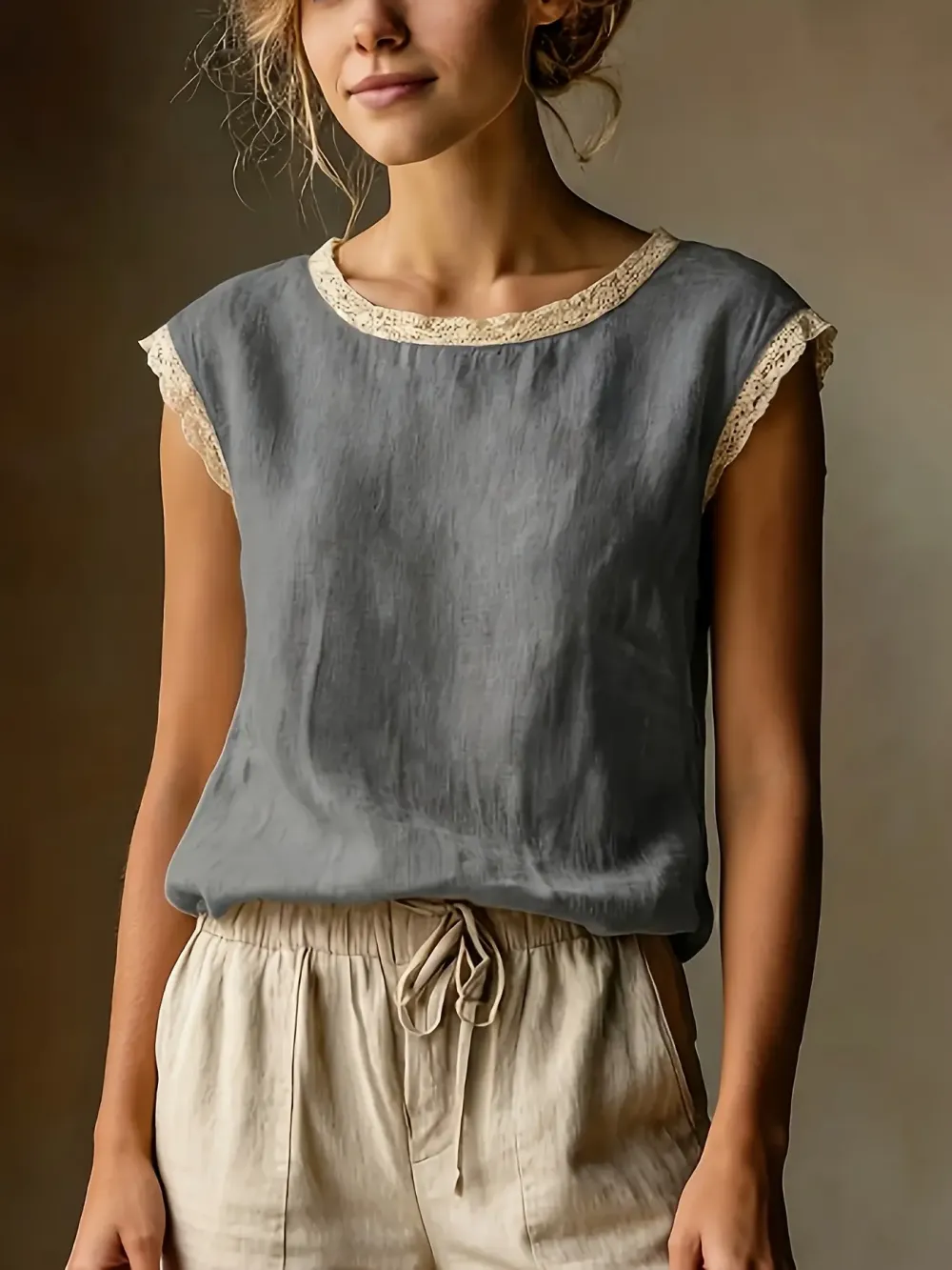 Women's Vintage Linen Short Sleeve Top