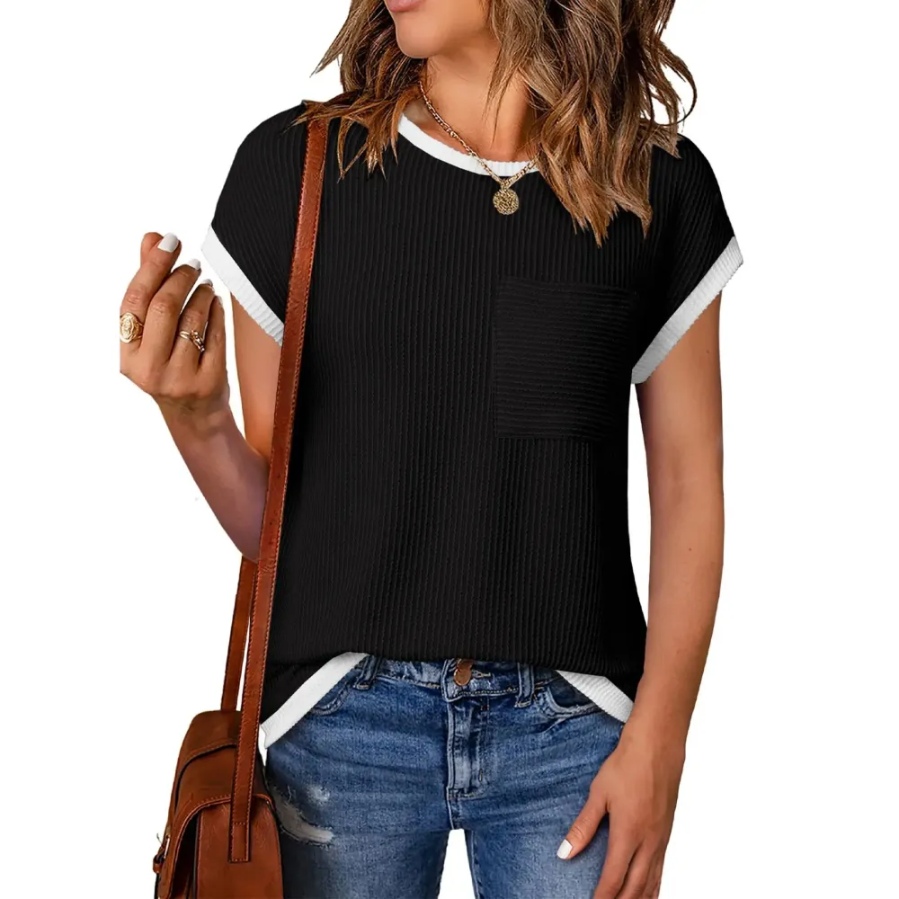 Women's Crewneck Short Sleeve Color Block Ribbed Knitwear Slim Fitted Blouses Tops