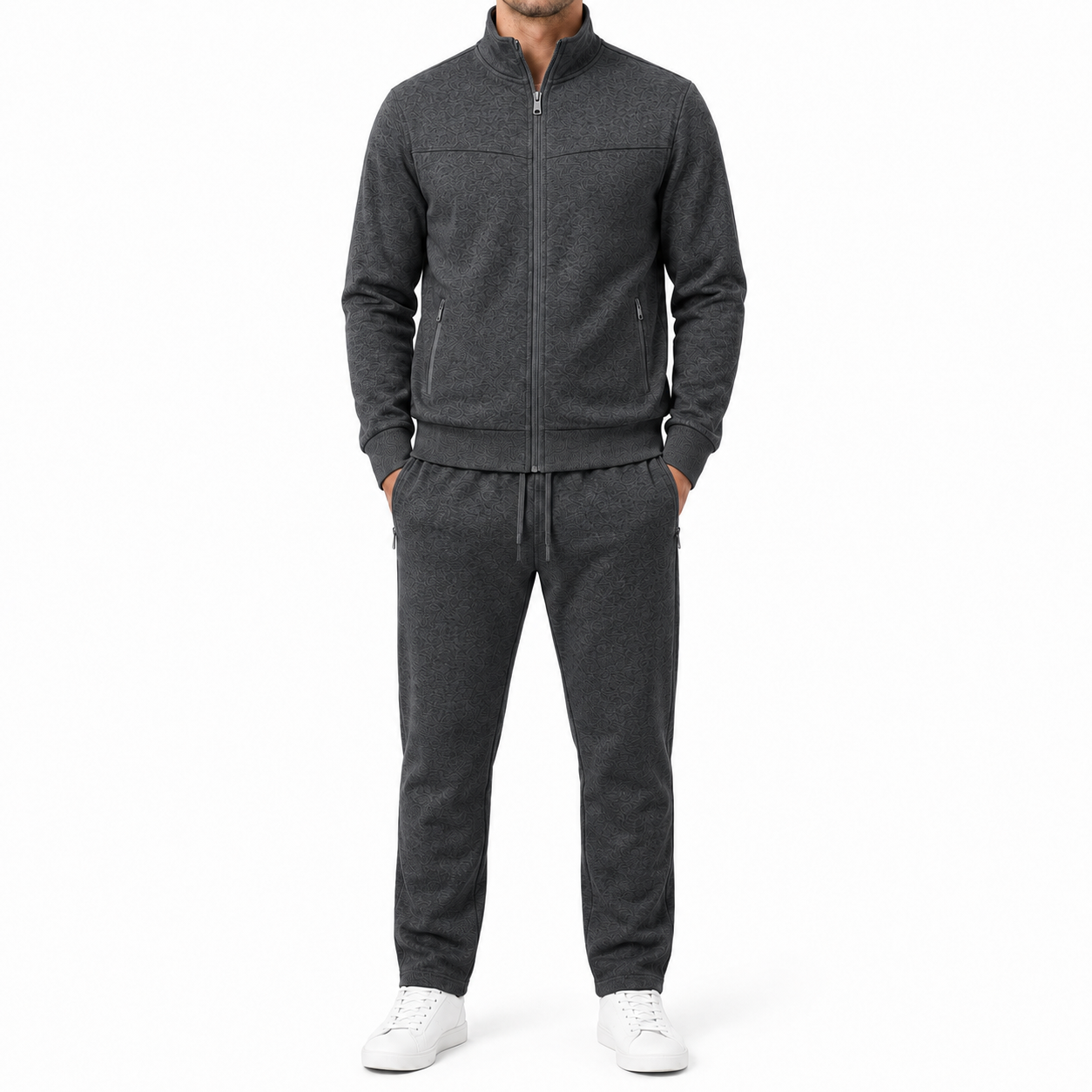 Charcoal gray men's athletic tracksuit front view