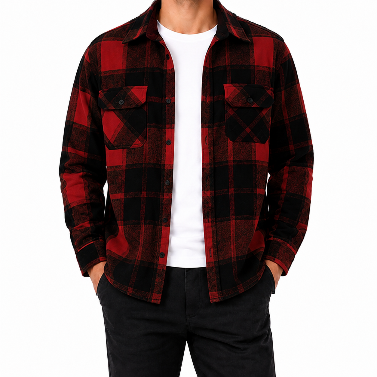Red and black plaid flannel shirt front view