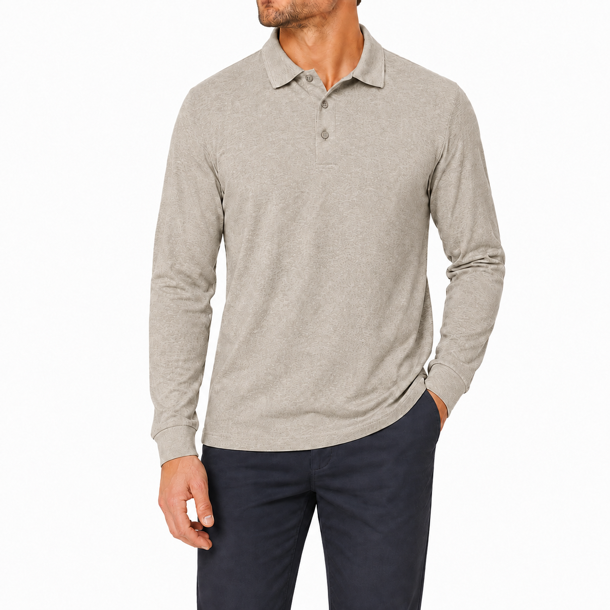 Khaki textured long sleeve polo shirt front view