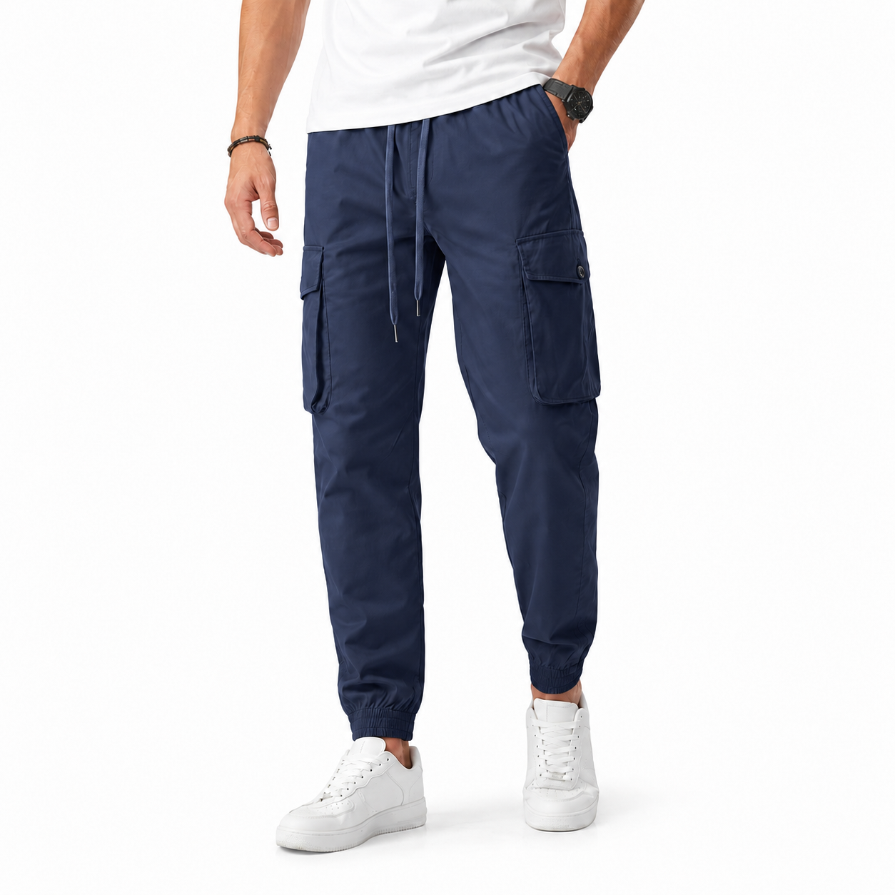 Navy blue men's cargo jogger pants front view