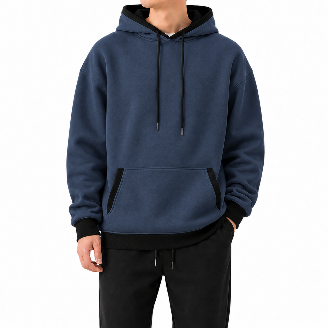 Deep Navy pullover hoodie with black contrast trim, front view