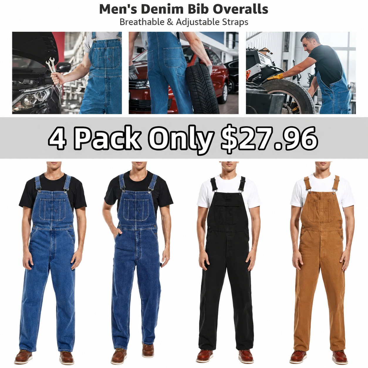 🔥Men's Denim Bib Overalls, Workwear with Adjustable Straps and Convenient Tool Pockets