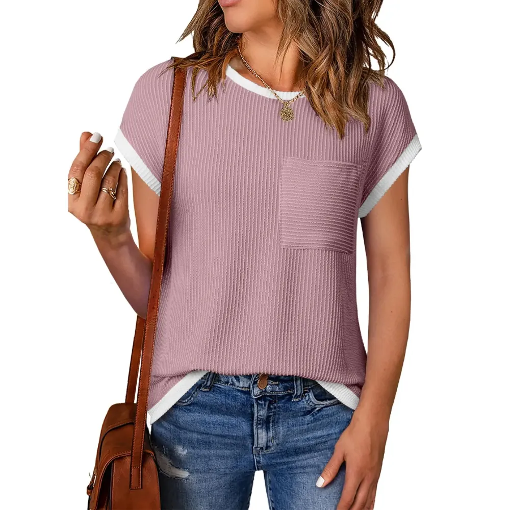 Women's Crewneck Short Sleeve Color Block Ribbed Knitwear Slim Fitted Blouses Tops
