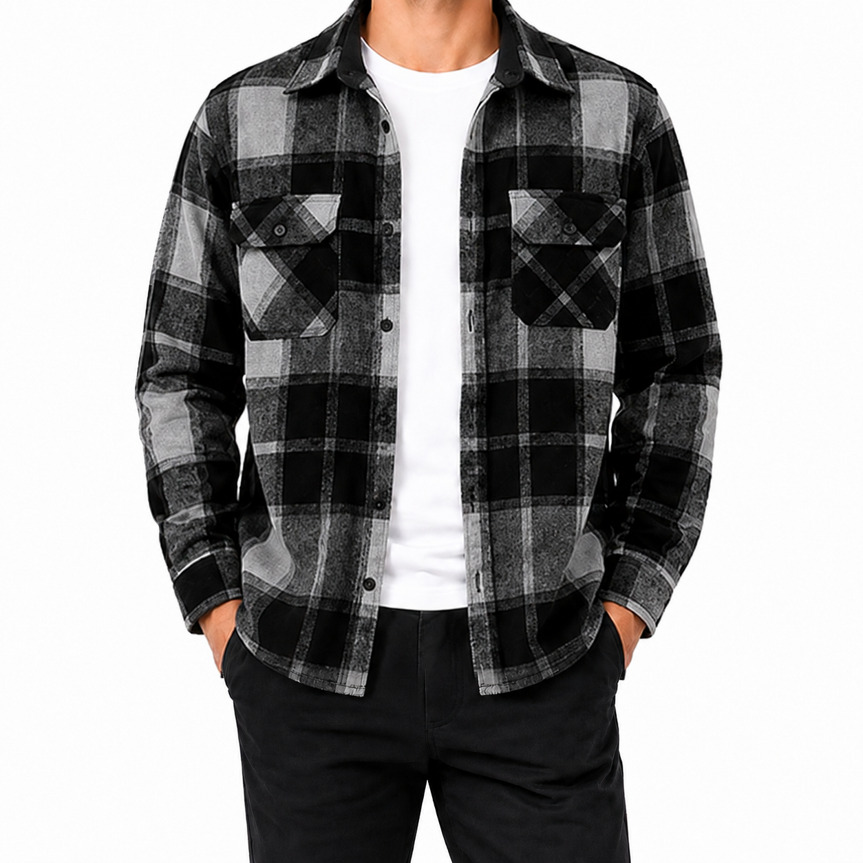 Charcoal and gray plaid flannel shirt front view