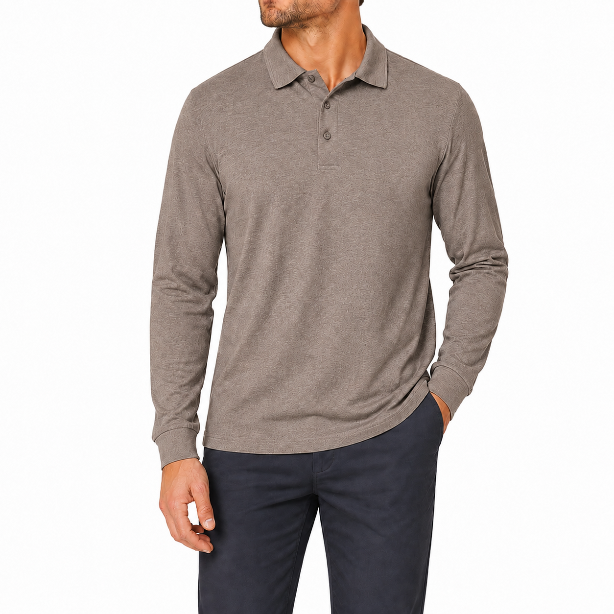 Taupe textured long sleeve polo shirt front view