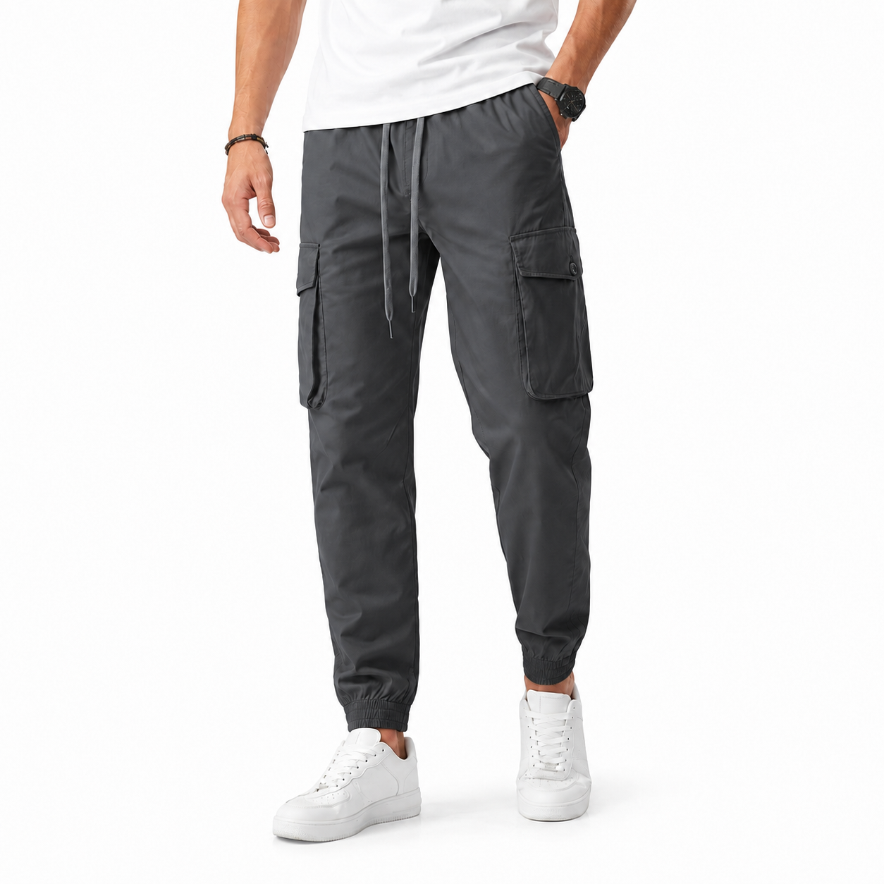 Charcoal gray men's cargo jogger pants front view