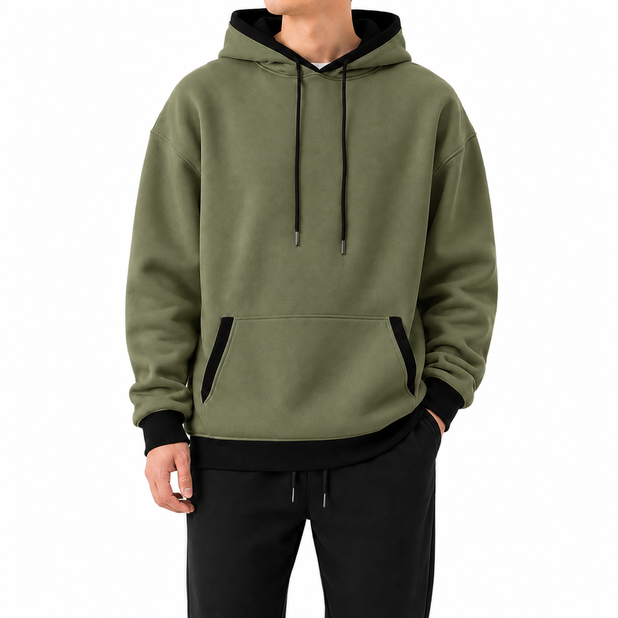Olive Green pullover hoodie with black contrast trim, front view