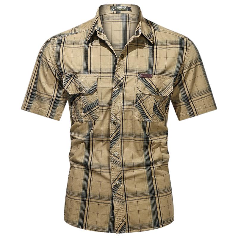 Men&rsquo;s summer 100% cotton plaid short-sleeve shirt, breathable skin-friendly fabric, turn-down collar + double chest pockets design, suitable for commuting to work and everyday casual wear