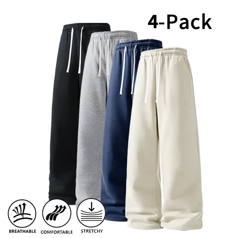 Men's 4-Pack 100% Cotton Ultra-Soft Wide-Leg Sweatpants for Fall & Winter