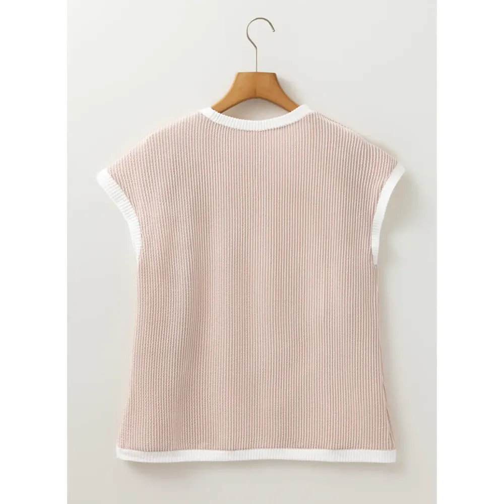 Women's Crewneck Short Sleeve Color Block Ribbed Knitwear Slim Fitted Blouses Tops