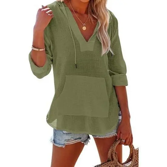 Women's Beach Cover Up hoodies sweatshirt Long Sleeve V-Neck Pocketed Hooded Shirt Top Casual Womenswear