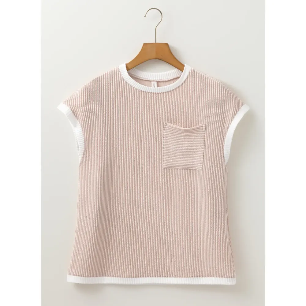 Women's Crewneck Short Sleeve Color Block Ribbed Knitwear Slim Fitted Blouses Tops