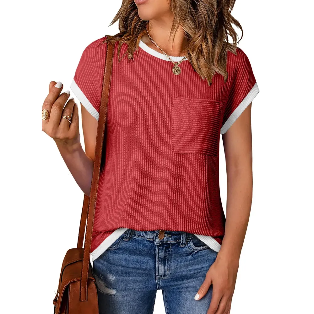 Women's Crewneck Short Sleeve Color Block Ribbed Knitwear Slim Fitted Blouses Tops