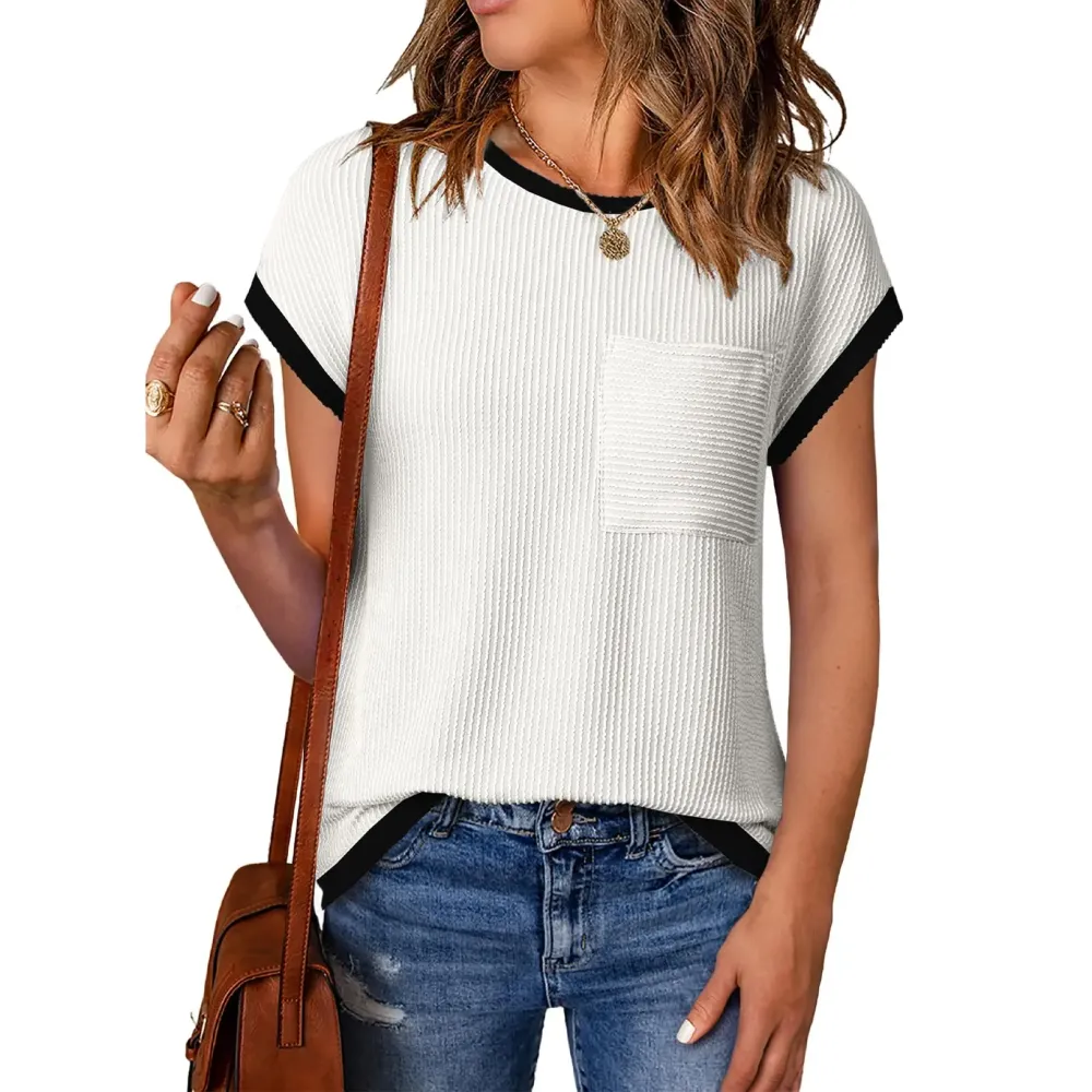 Women's Crewneck Short Sleeve Color Block Ribbed Knitwear Slim Fitted Blouses Tops