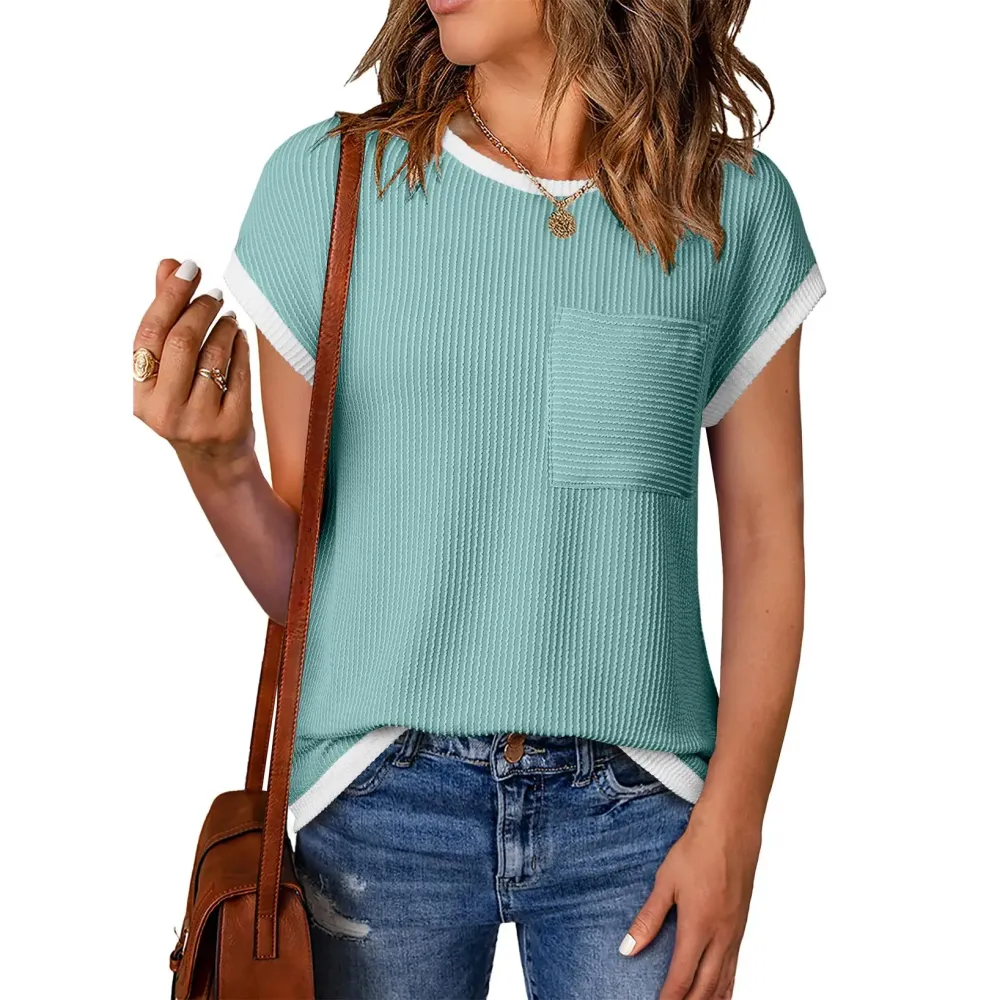 Women's Crewneck Short Sleeve Color Block Ribbed Knitwear Slim Fitted Blouses Tops