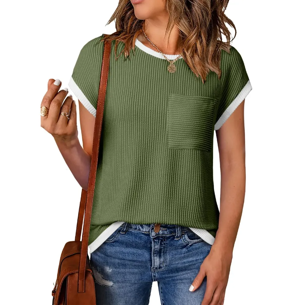 Women's Crewneck Short Sleeve Color Block Ribbed Knitwear Slim Fitted Blouses Tops