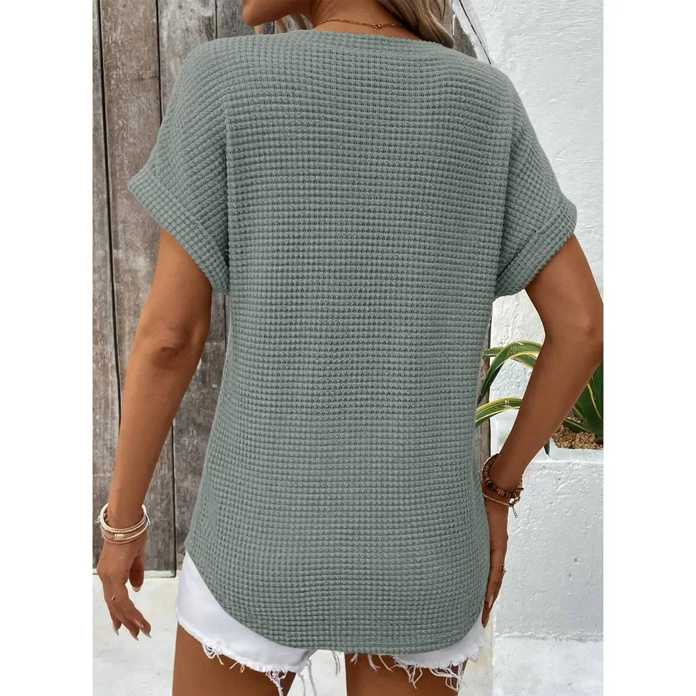 Women's Waffle Knit V-Neck Casual Summer Tops - Lightweight & Breathable Basic Tee for Beach, Party, Work