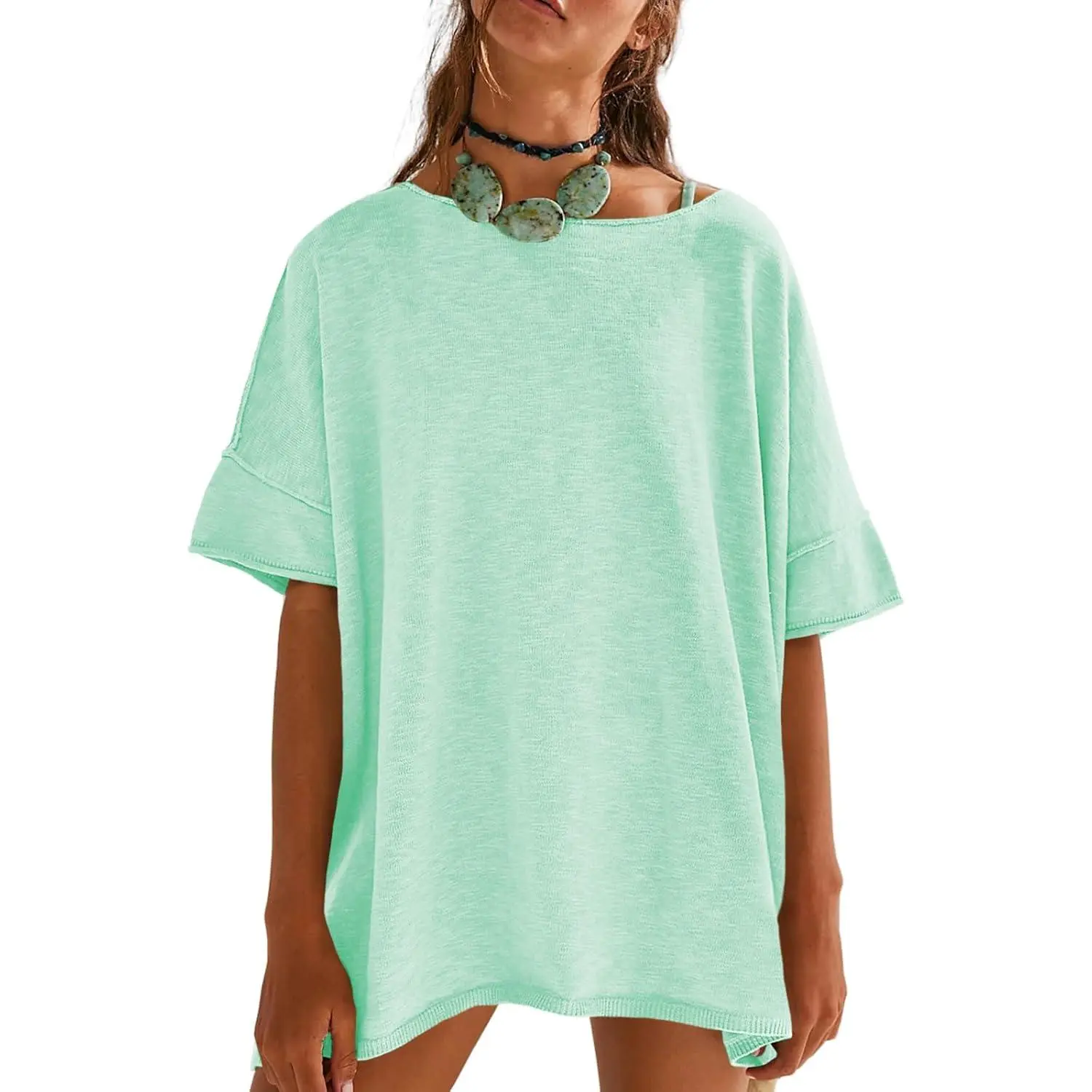 Women's Oversized T Shirts Casual Summer Crew Neck Loose Dropped Short Sleeve Side Slit Hem Blouse Tunic Tops Sweater Tee