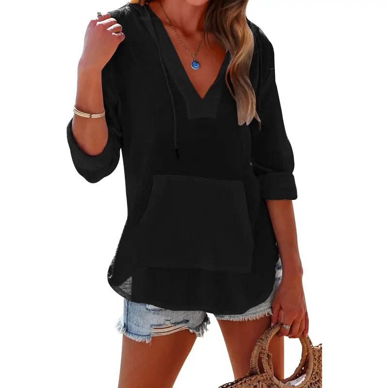 Women's Beach Cover Up hoodies sweatshirt Long Sleeve V-Neck Pocketed Hooded Shirt Top Casual Womenswear