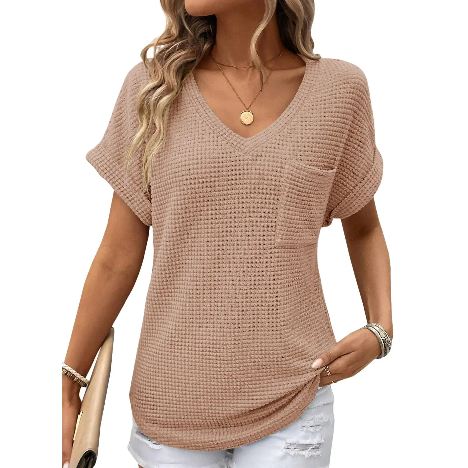 Women's Waffle Knit V-Neck Casual Summer Tops - Lightweight & Breathable Basic Tee for Beach, Party, Work