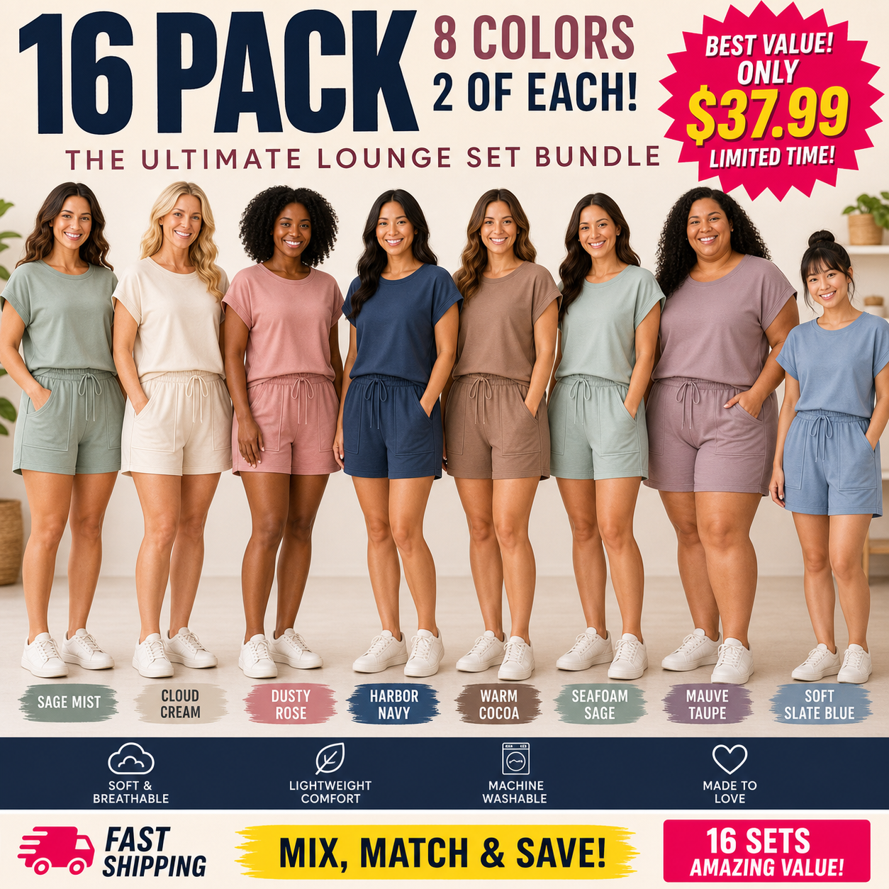8 women wearing the same lounge set in different colors