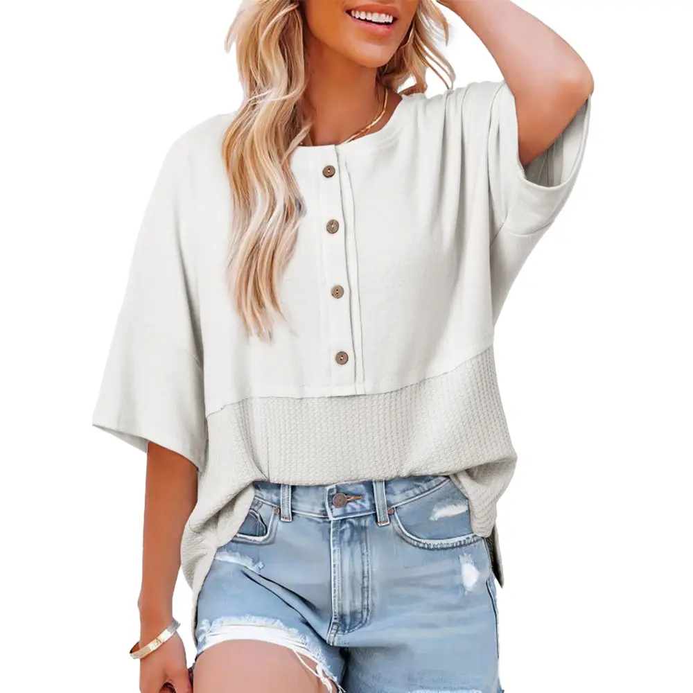 Womens Waffle Knit Tops 3/4 Sleeve Casual Button Down Shirts Crew Neck Oversized Patchwork Blouses