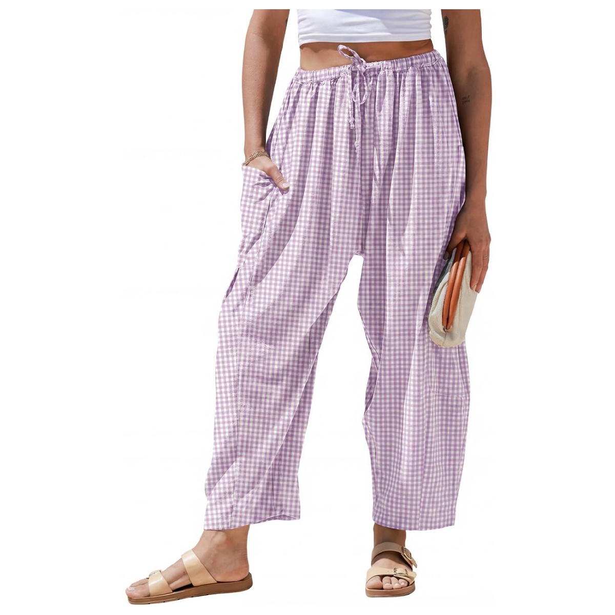 Womens Wide Leg Gingham Striped Plaid Pants