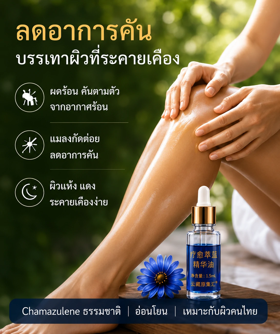 น้ำมันหอมระเหยเทมีเรียสีฟ้า  สำหรับผิวร่างกาย น้ำมันทุกหยดมอบประสบการณ์ดูแลร่างกายอย่างล้ำลึก