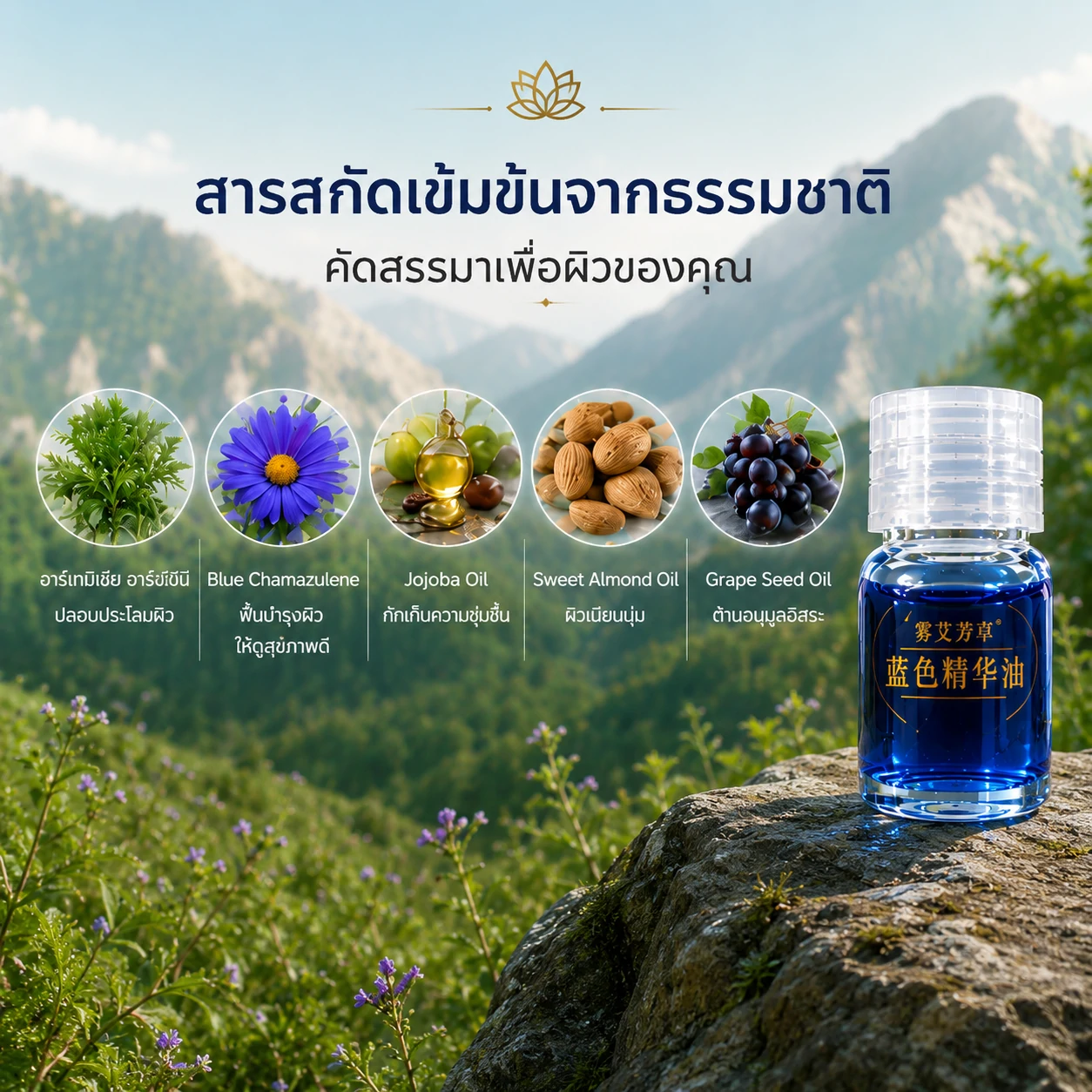 น้ำมันหอมระเหยอาร์เทมีเรียสีฟ้า สำหรับผิวหน้า ผลิตภัณฑ์ดูแลผิว จะเปลี่ยนมุมมองการดูแลผิวของคุณตลอดไป