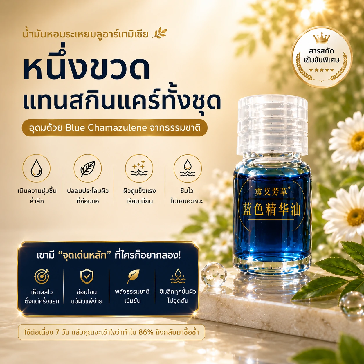 น้ำมันหอมระเหยอาร์เทมีเรียสีฟ้า สำหรับผิวหน้า ผลิตภัณฑ์ดูแลผิว จะเปลี่ยนมุมมองการดูแลผิวของคุณตลอดไป
