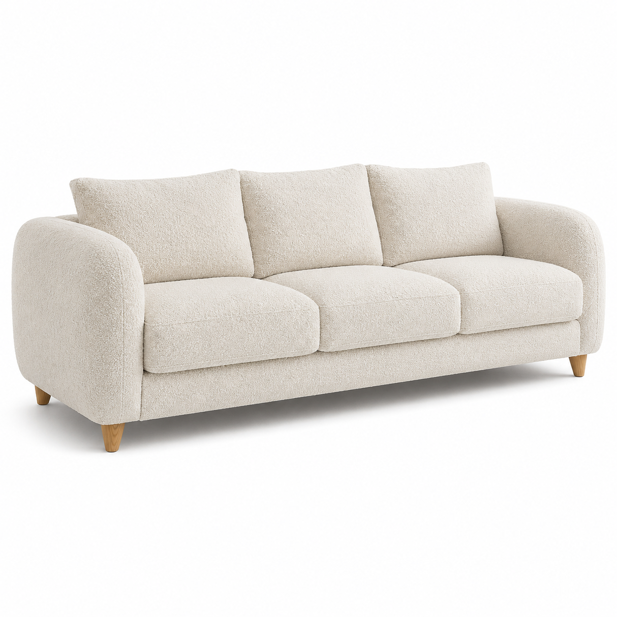 Modernes 3-Sitzer Sofa in Bouclé Creme mit runden Armlehnen und Holzfüßen